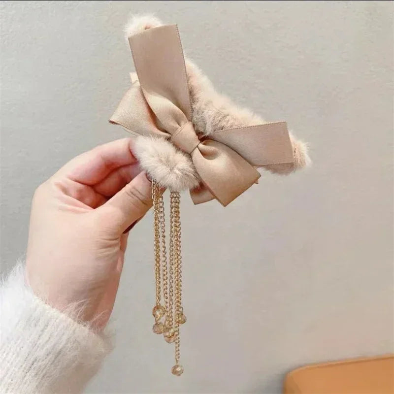 Cyflymder cute winter outfits New Fashion Bow Tassel Pendant Hair Clips Korea Ponytail Plush Shark Claw Girls Fall and Winter Gift Hair Accessories