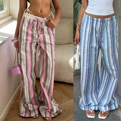 Cyflymder  Women Wide Leg Pants Loose Fit Drawstring Waist Pink Striped Trousers Blue Striped Wide Leg Pants Casual Floor Length Pants