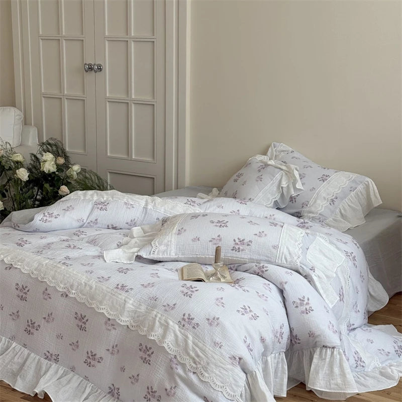 Cyflymder  Flowers Print Lace Ruffles Bedding Set 100% Cotton Double Layer Yarn Soft Duvet Cover Bed Sheet/Fitted Sheet Pillowcases 4Pcs