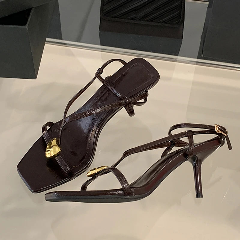 Cyflymder  Summer Fashion Metal Buckle Decoration Narrow Band Gladiator Sandals Women Square Toe Low Thin Heels Party Dress Shoes