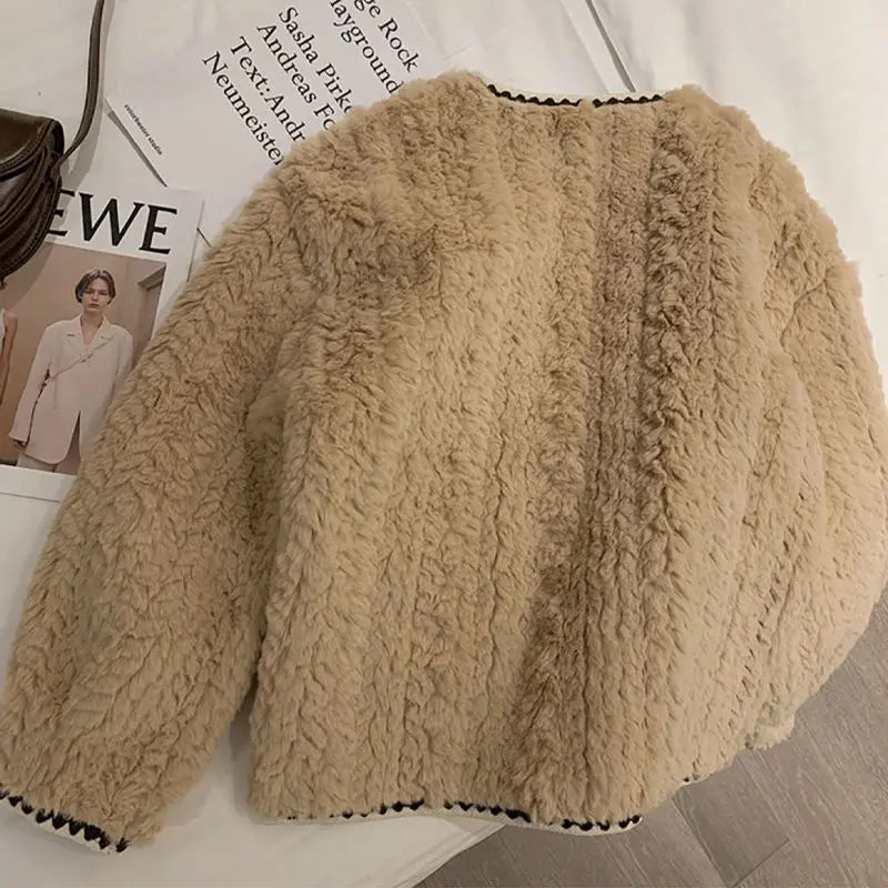 Cyflymder  Lamb's Wool Jacket Women Faux Fur Jacket Trends Design Short Tops Autumn Winter New Loose Plush Top Long Sleeve Single-breasted