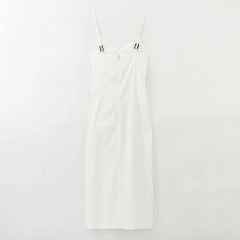 Cyflymder  Elegant Women White Cami Dress Slit Ruched Midi Dress New Fashion Summer Casual Chic Holiday Date Sheath Dress