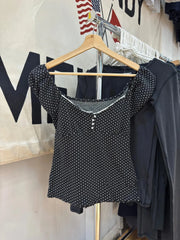 Cyflymder  Polka Dot Lace Trim Square Collar T-shirts Women Retro Back Lace-up Slim Short Sleeve Tee Shirt Vintage Sweet Cute Tshirt Y2K