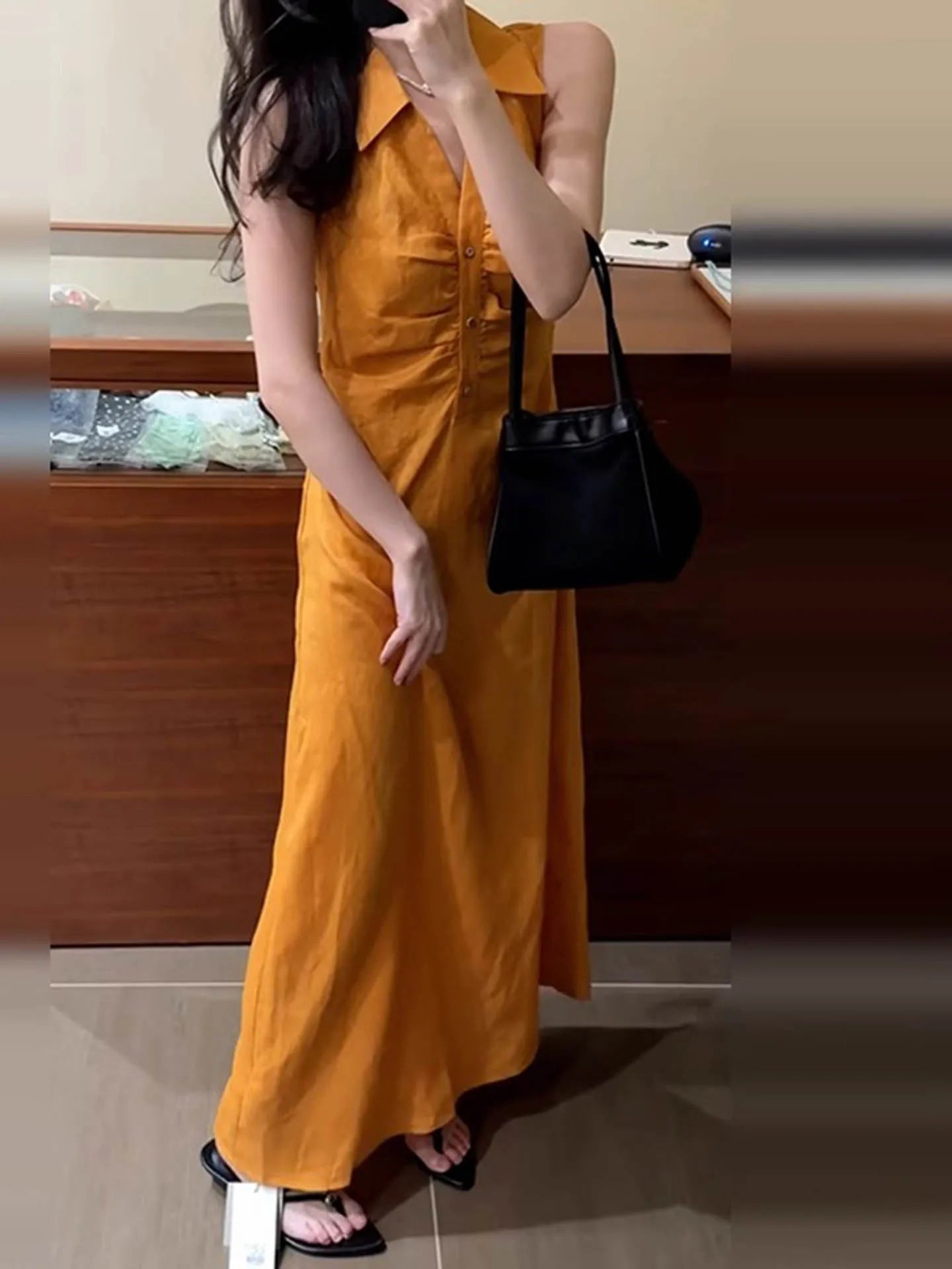 Cyflymder  Korean Style Yellow Dress Women's Summer Sleeveless Shirt Dress Elegant Waist Slimming Maxi Outfit