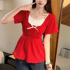 Cyflymder  Polka Dot Stylish Bow Waist Shirts Female clothing Two Piece Set Summer New Square Collar Vintage Short Sleeve Lace Folds Blouse