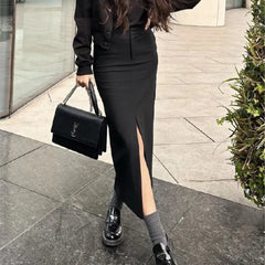 Cyflymder  Sexy Black Front Slit Midi Pencil Skirt Women Spliced High Waist Package Hips Skirts