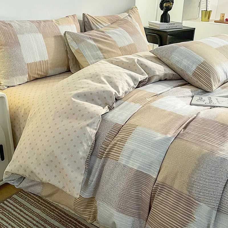 Cyflymder  Simple Nordic Pure Cotton Striped Bedding Set Naked Sleeping Comfortable Duvet Cover Set Fitted Sheet Kit for Single and Double