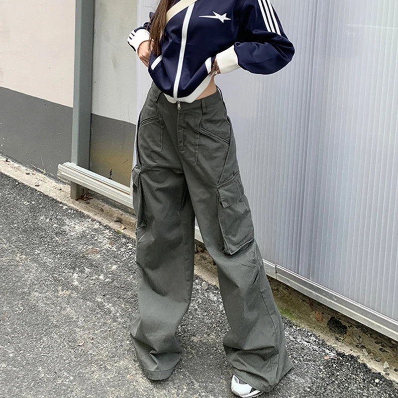 Cyflymder  100% Cotton Women Cargo Pants Loose Y2K Wide Leg Pants Fashion Designed Pockets Female Baggy Trousers New