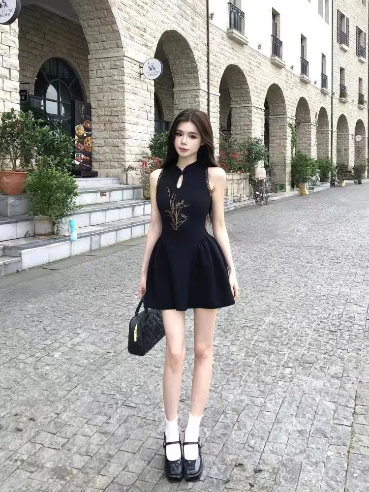 Cyflymder  Chinese Style Printed Dress for Women's Summer Slim Fit Sleeveless Lace A-line Short Dress Fashion Female Clothes