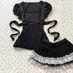 Cyflymder  Punk Fashion French Elegant Square Collar Short Sleeve T Shirts Harajuku Spliced Lace Edge A-line Clothes Y2k Lace Up Design Tee