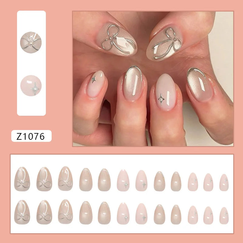 Cyflymder   24Pcs Cat's Eye Design Fake Nail with Pearl Short Round Head Press on False Nails Silver French Bow Pattern Full Cover Nail Tips