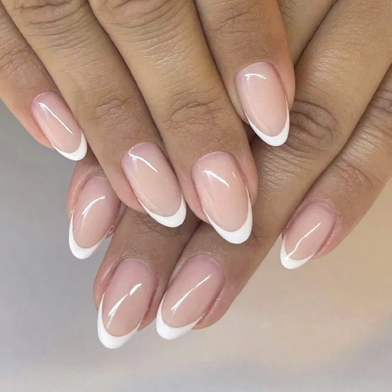 Cyflymder 24Pcs Almond French Fake Nails with Glue Simple Oval False Nails Press on Nails Wearable Finished DIY Full Cover Nail Tips