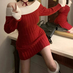 Cyflymder Sexy Red Christmas Dress Women Autumn Winter Korean Style Slash Neck Bodycon Knitted Dresses Female Elegant Y2k Party Mini Dress