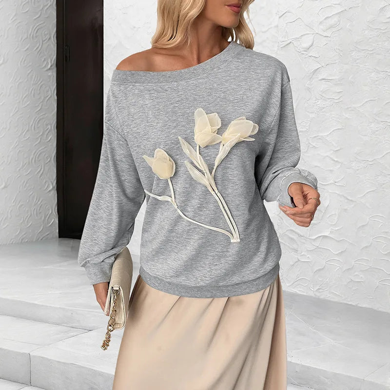 Cyflymder  Autumn All Match Casual Solid Loose Appliques Skew Collar Long Sleeve Sweatshirts
