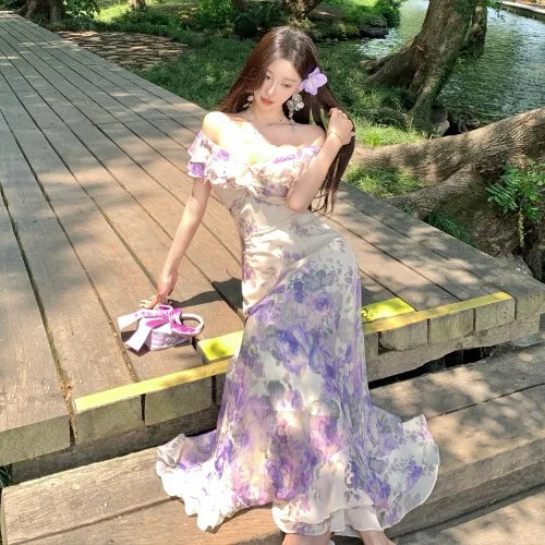 Cyflymder  Summer New plus Size Purple Floral Print V-Ne Long Dr Women's Ele Waist-Cinching Holiday Dr Sweet n Sle
