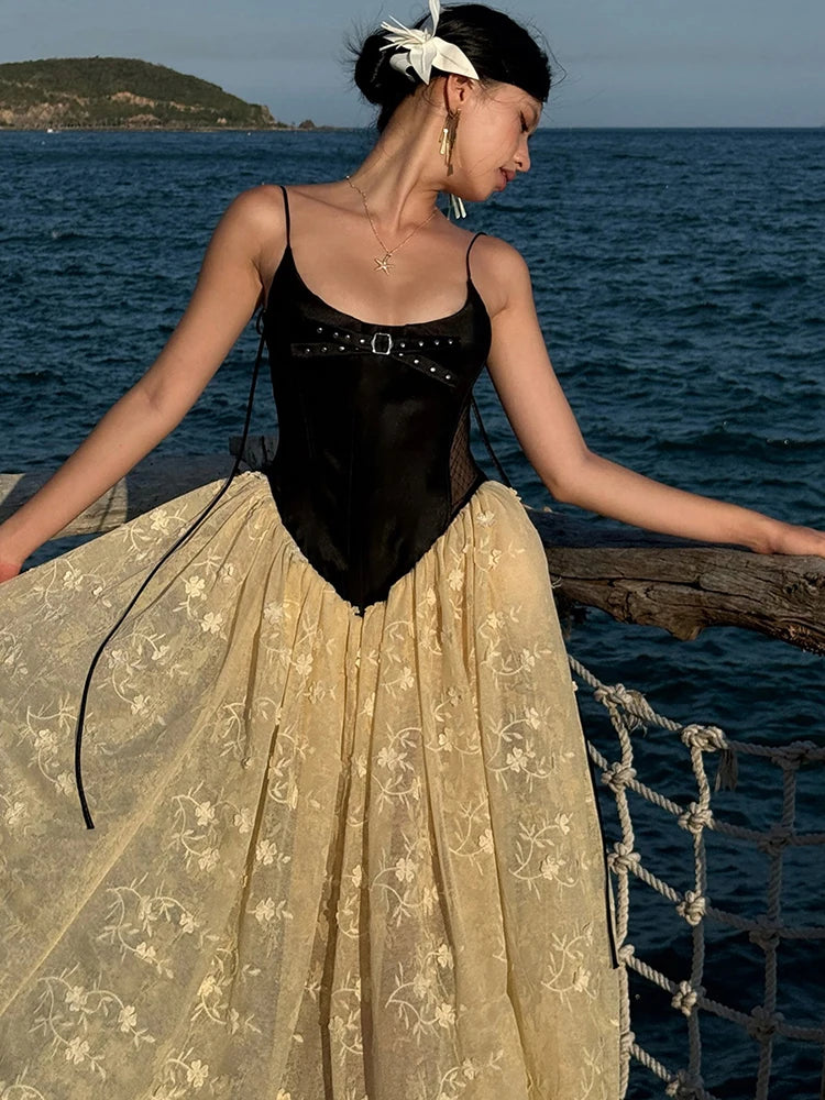Cyflymder  Patchwork Jacquard Split Dress Women Bow Lace-Up Mesh Low Chest Fairycore Birthday Beach Vocation Skinny Long Bodycon