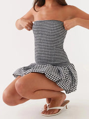 Cyflymder  Women s Plaid Off Shoulder Mini Dress with Puffball Sleeves and Tube Top Design for a Stylish Look