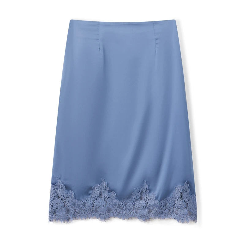 Cyflymder  Women Satin Lace Trim Maxi Skirt Silk Lace Patchwork Silk High Waist Midi Skirt Lady Flowy Work Half Slip Long Skirt