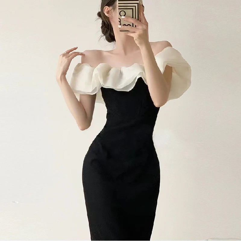 Cyflymder  Sweet Hot Girl Pure Sexy Off Shoulder Dress for Women's Summer Slash Neck Slim Fit Party Dress Fashion Female Clothes