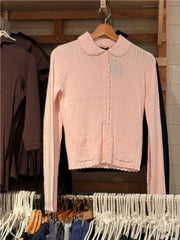Cyflymder  Pink Twist Babydoll Top Cardigan Women Autumn New Lace Trim Collar Cotton Buttons Knitted Jumper Sweet Cute Preppy Style Sweater
