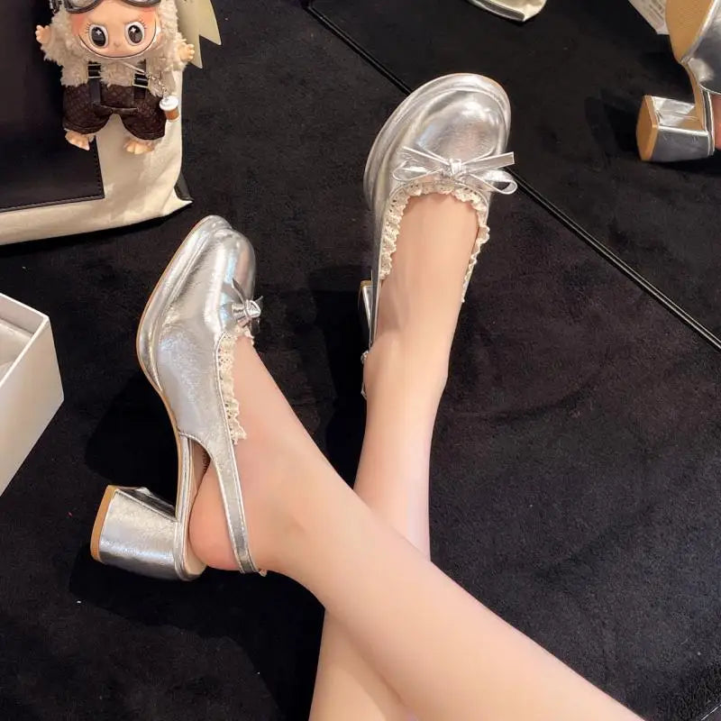 Cyflymder  Sweet Bowknot Patent Leather Mary Jane Shoes Women Summer Pointed Toe High Heel Sling Back Pumps Fashion Party Dress Shoes