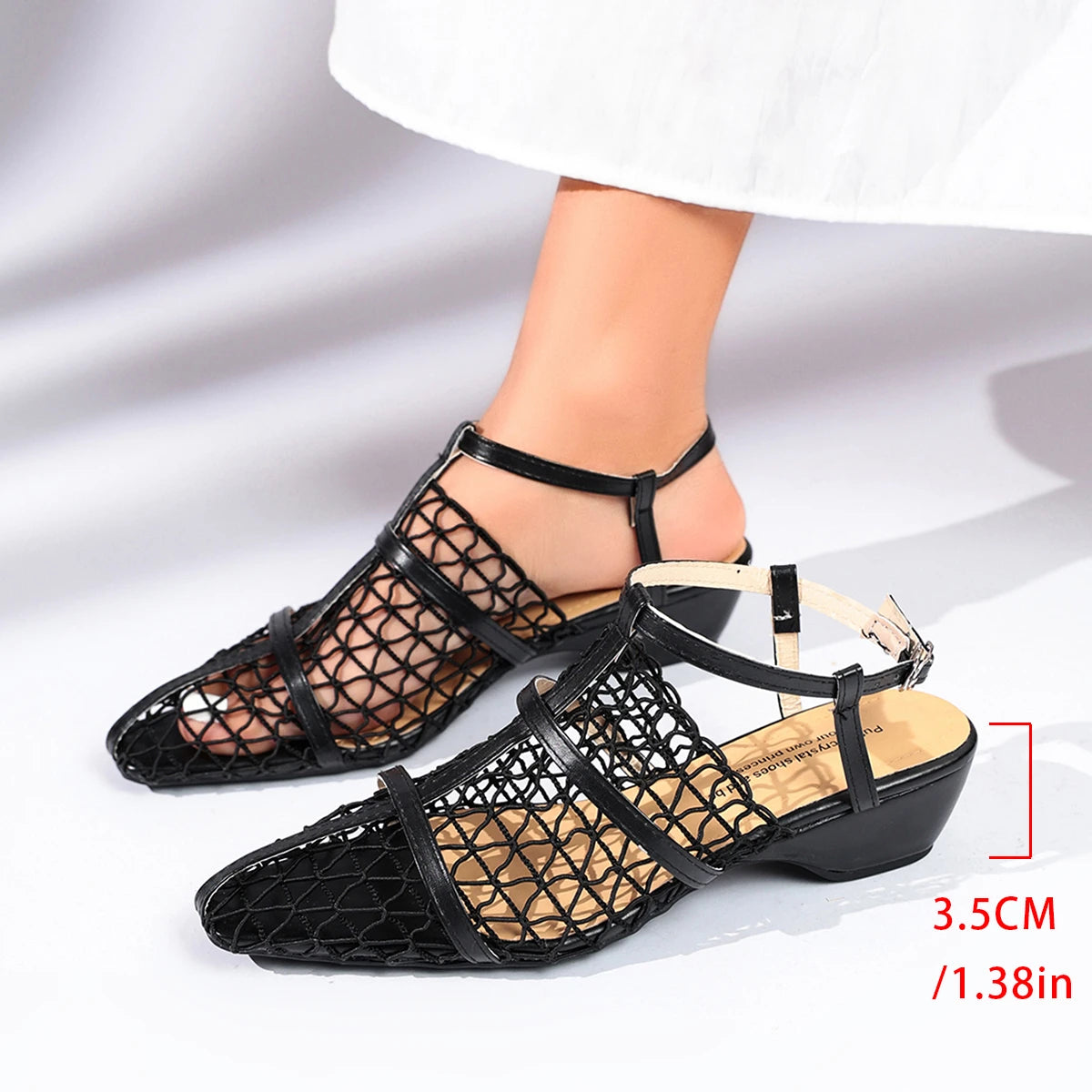 Cyflymder   Vintagel Black Patent Ankle Strap Low Heel Sandals Women Spring Hollow Out Mesh Pointed Toe Sandals Woman Sexy Gladiator Shoes