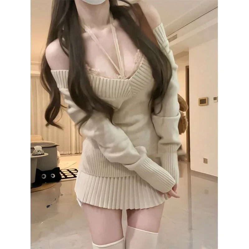 Cyflymder cute winter outfits Winter Japanese Kawaii Knitted New 3 Piece Set Women Solidpullover  Sweater +vest+pleated Skirt Female Sweet Designer Suit