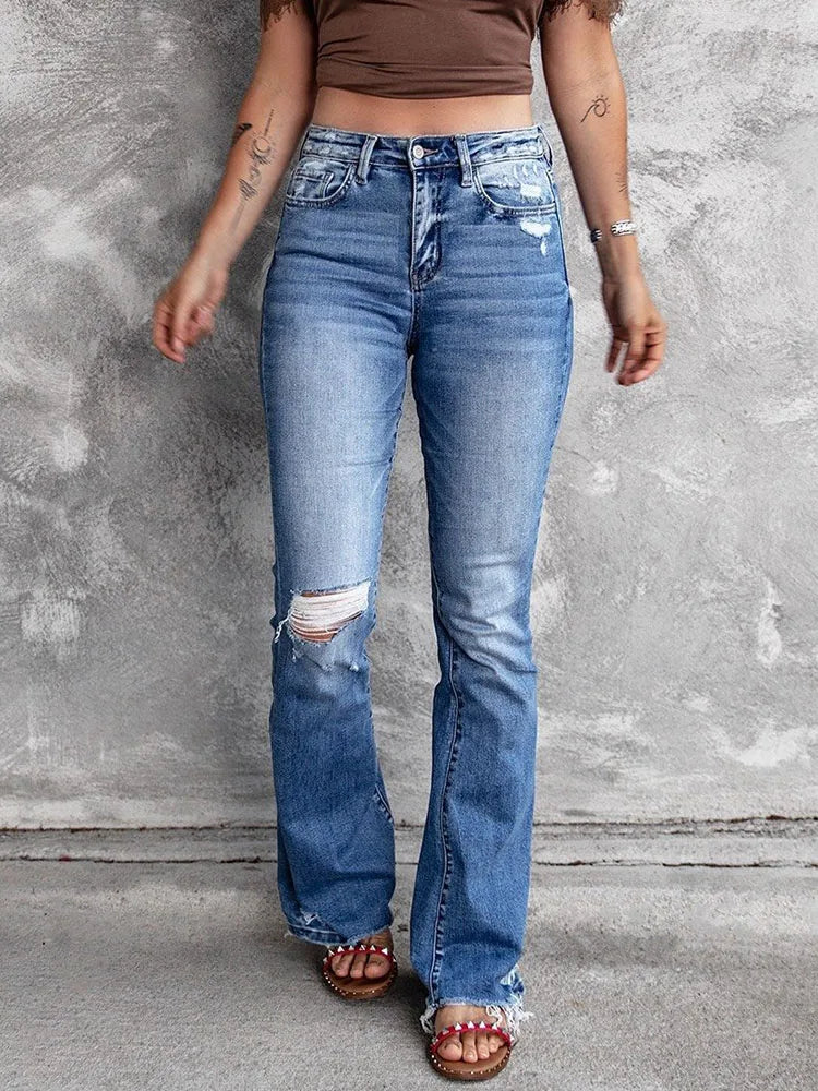 Cyflymder  Women Ripped Flare Jeans Streetwear Chic Stretch Pants Bell Bottom Slim Denim Jeans Girls Party Casual Vintage Bootcut Trousers