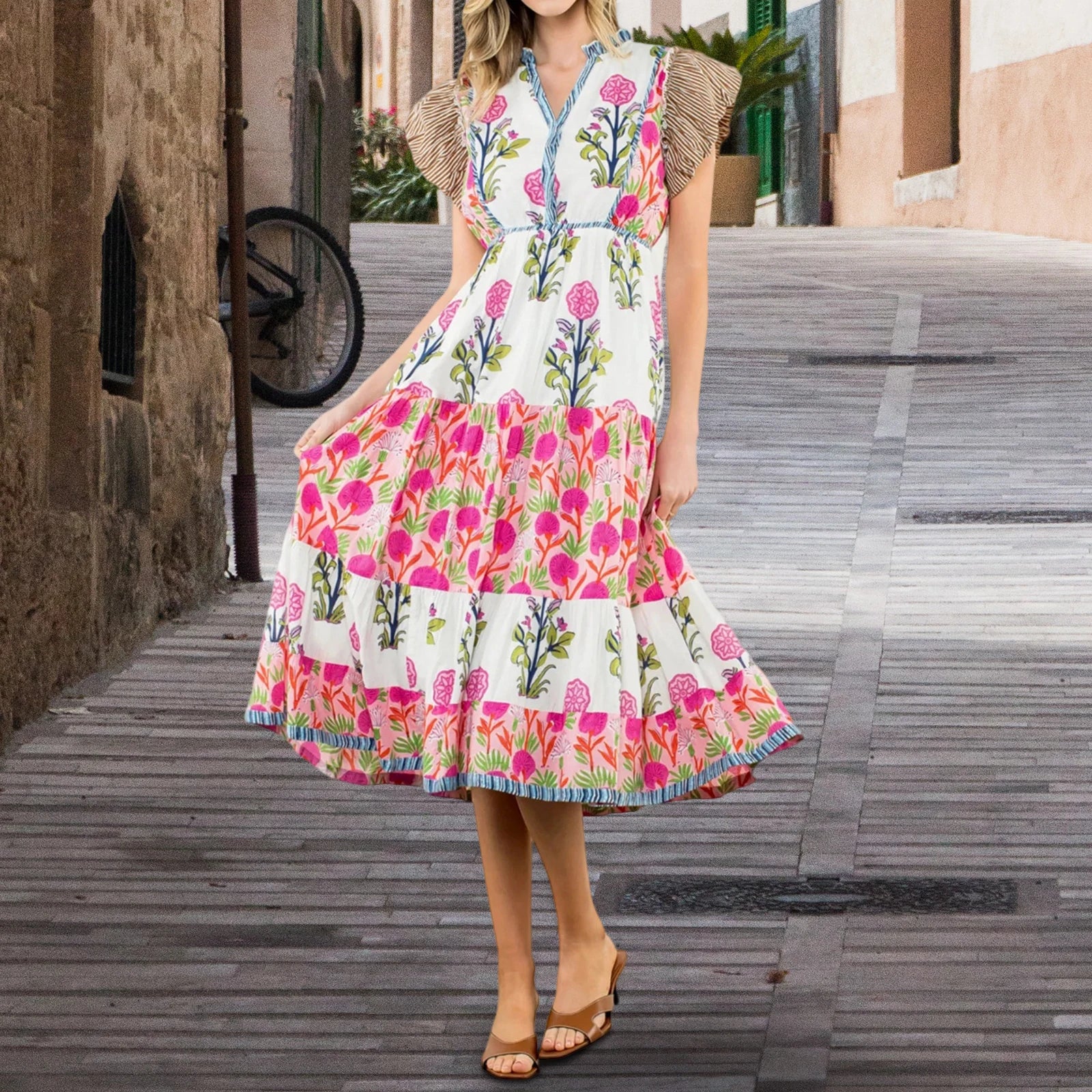 Cyflymder  Floral Print Long Dress y2k Women's V Neck Flying Sleeve Flowy A Line Dress Vacation Beach Party Dresses Streetwear