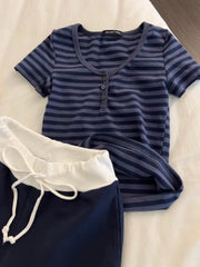 Cyflymder  Striped Cotton T-shirt Shorts Outfit Women Navy O-neck Slim Tees +Buttons Straight Sweatshirt Sweet Cute Home 2 Pieces Set Y2K