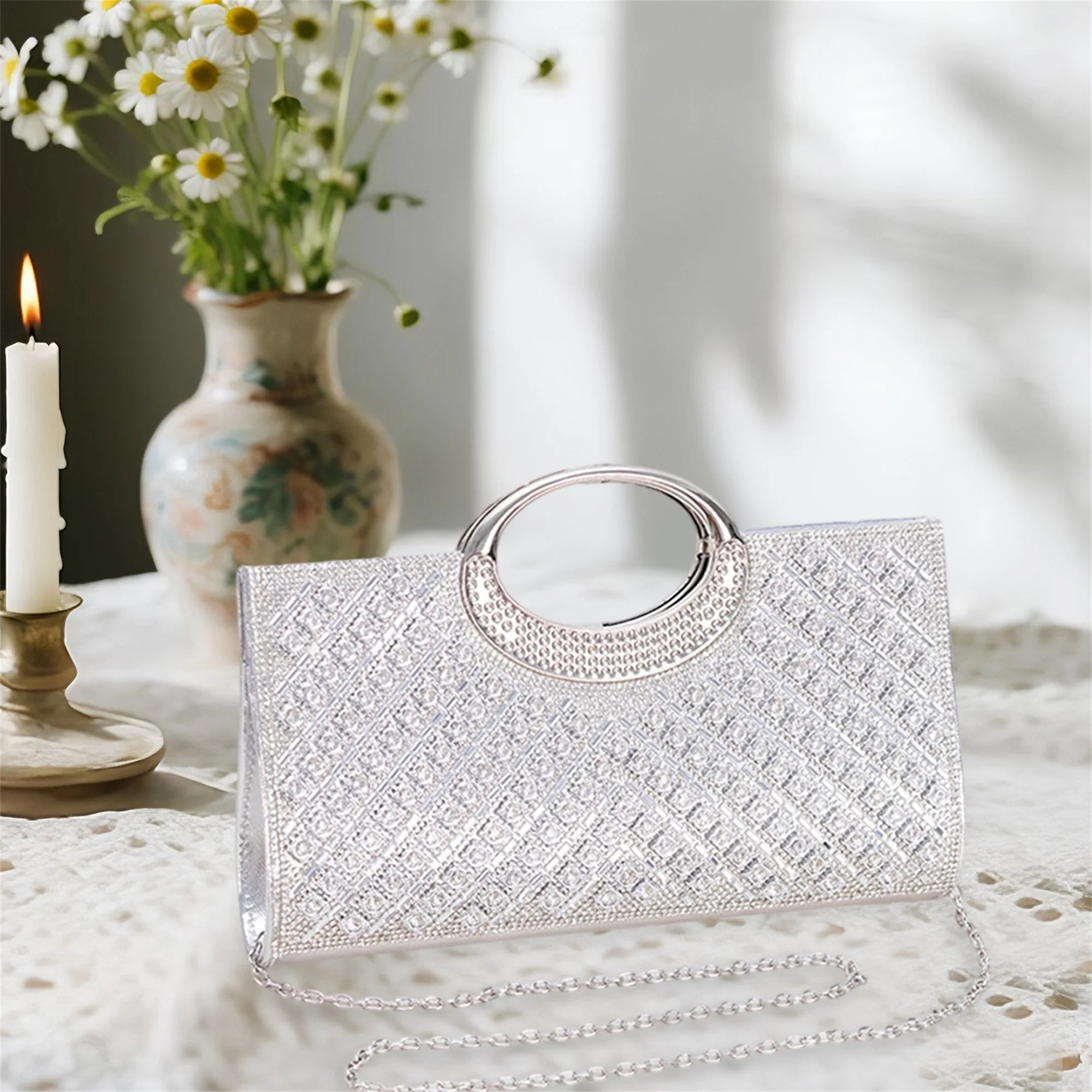 Cyflymder  Luxury Crystal Embellished Clutch Purse with Detachable Chain Strap and Matching Hairband for Special Occasions