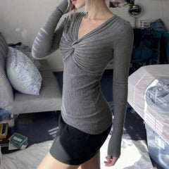Cyflymder  Autumn Thin Kink V-Neck Pullover Tight Long Sleeve Sweater Women