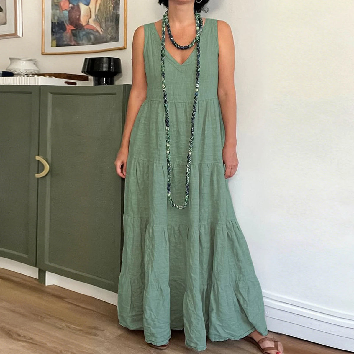 Cyflymder  Summer Thin Breathable Solid Color Boho Beach Long Skirt Fashionable Baggy Boho Beach V-neck Sleeveless Maxi Dress