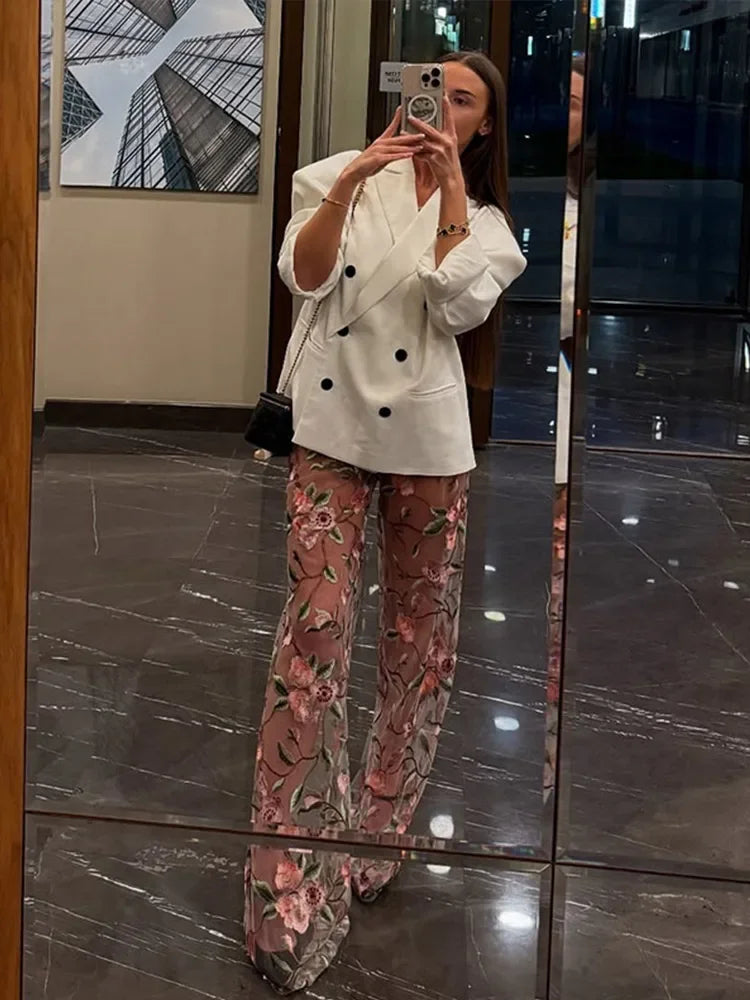 Cyflymder  See Through Flower Embroidery Women Pants Mesh Thin Wide Leg Fashion Straight 2025 Summer  Chic Trousers Party Street Lady Pants
