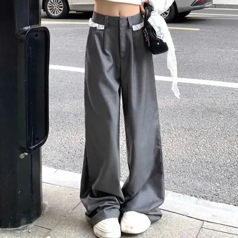 Cyflymder  Fashionable Lace Spliced Casual Pants Spring Autumn High Waist Button Female Clothing Wide Leg Straight Basic Vintage Trousers