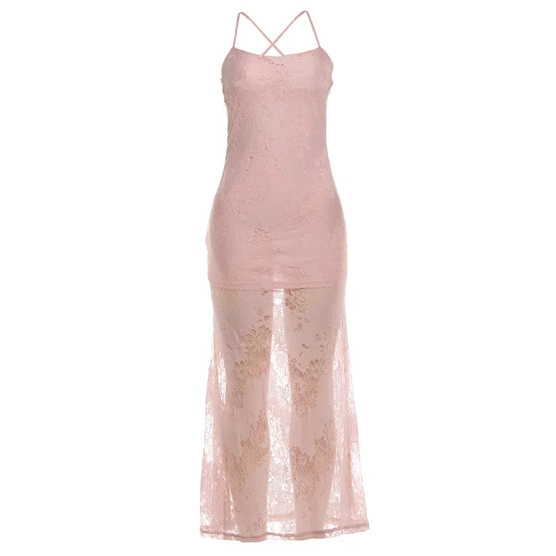 Cyflymder  Lace Layered Camisole Bodycon Maxi Party Dress Women Sexy Low Chest Spaghetti Straps Backless Slim Clubwear Vacation Long Robe