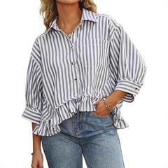 Cyflymder  Casual Stripe irt Women's Summer Top Button down ort Sve Gathered Hem Bubble Sve Polyester Fiber Commute Sleeve