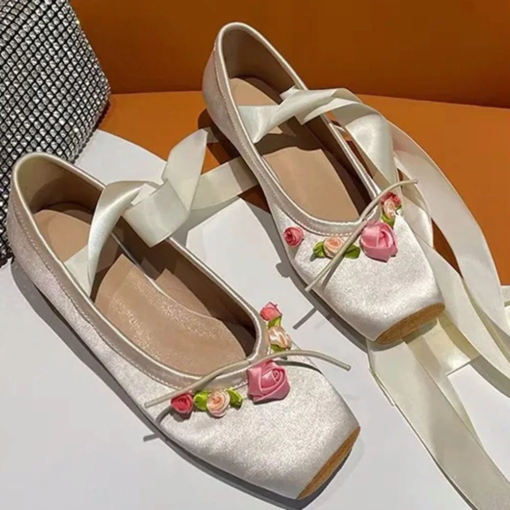 Cyflymder  Big Size 43 Summer Square Toe Cute Pink Satin Ballet Flats Shoes Women Bow Knot Comfy Walk Mules Shoes Outdoor Slipper