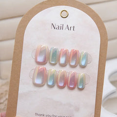 Cyflymder  10Pcs Candy Color Gradient Press Fake Nails Full Cover Cat Magnetic Design French Almond Fake Nails Wearable Manicure Nail Tips