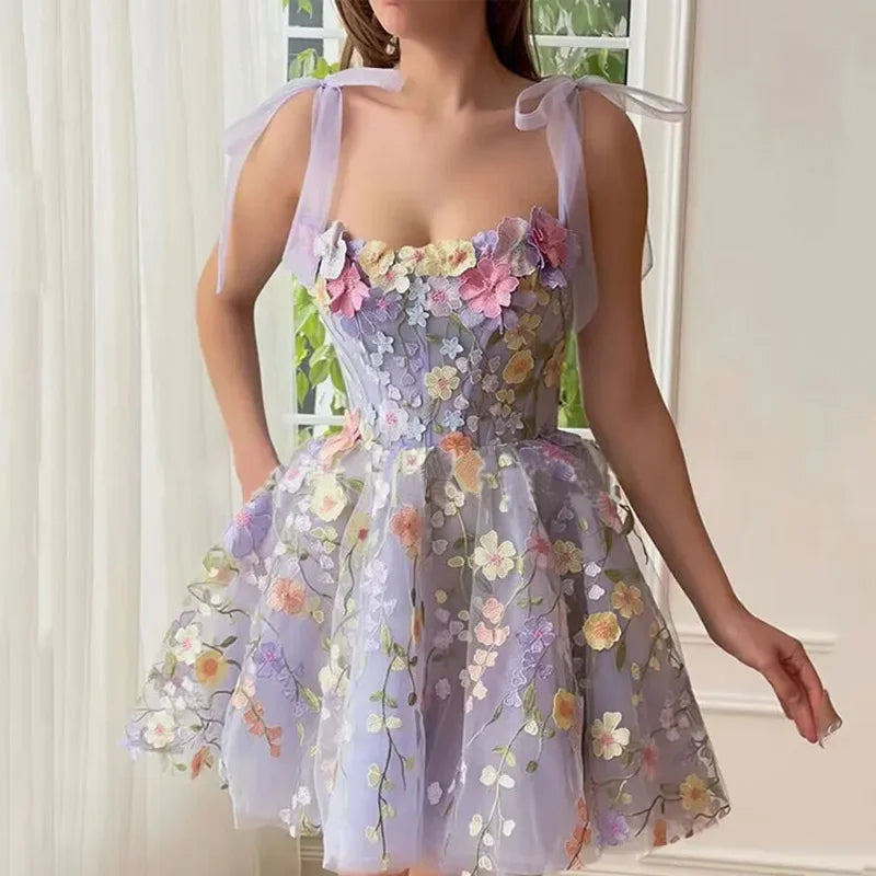 Cyflymder  Fashionable Embroidered Women's Tank Dress Sexy Sleeveless Evening Dress 3D Flower Design Cross-border Delivery