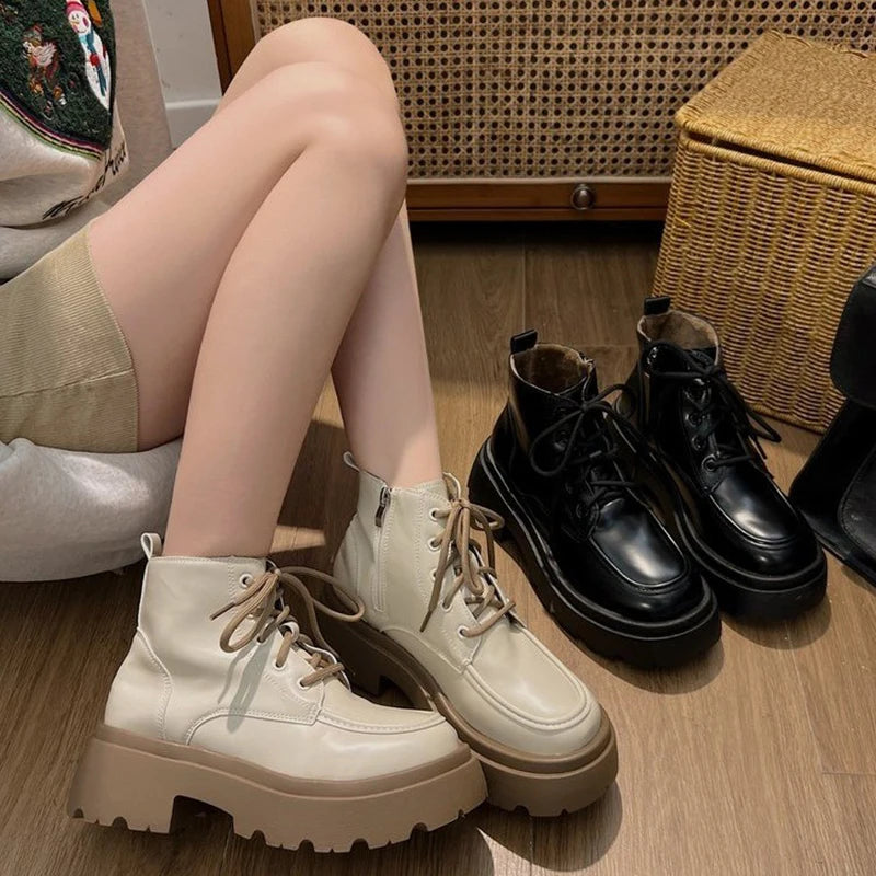 Cyflymder  Platform Thick Bottom Warm Short Plush Women Motorcycle Boots Fashion Lace Up Shoes Autumn Winter Female Short Booties