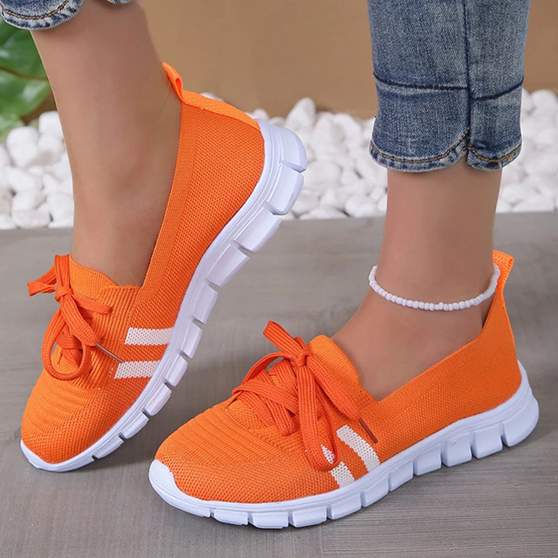 Cyflymder Mesh Knitted Striped Flats Shoes for Women Summer Lace Up Casual Sneakers Woman Breathable Soft Sole Loafers Plus Size 43