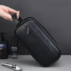 Cyflymder Men Leather Wash Bag Travel Business Trips Portable Cosmetic Bag Large Capacity Multi Pocket Design Handheld Leather Wash Bag