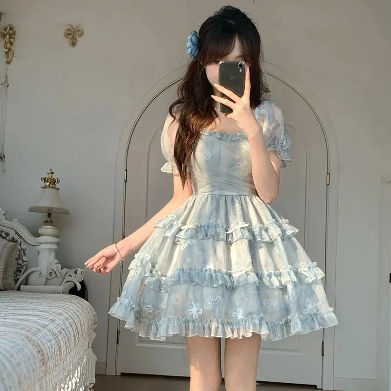 Cyflymder  Kawaii Bow Mini Dress Women Fashion Party Mesh Ruffles Patchwork Dresses Summer Korean Puff Short Sleeve Bodycon Design Vestidos