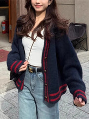 Cyflymder   Autumn Loose Korean Contrast Color Striped V Neck Casual Single Breasted Knitted Sweaters