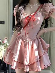 Cyflymder  Casual Print Sexy Dress Women Slim Fashion Square Collar Sweet Mini Dress Fashion Lace Up Puffy Sleeve Korean Vestidos New