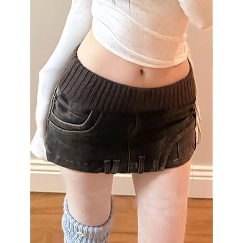 Cyflymder  Y2k Vintage Patchwork Ribbed Knit Denim Skirt Women Low Waist Bodycon Fit Wash Blue High Quality Elastic Mini Skirt Daily Wear