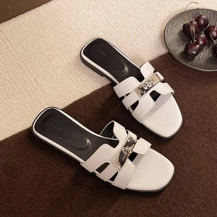 Cyflymder  Women's Flat Shoes Barefoot Outside Woman Pu Cross Belt Slippers Women Metal Decoration Sandals Summer Ladies Fashion Shoe