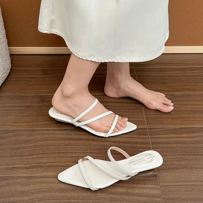 Cyflymder  Fashion Women Elegant Pointed Toe Low Heel Slippers Female Shoes Casual Leather Design Comfort Women Slippers 2135