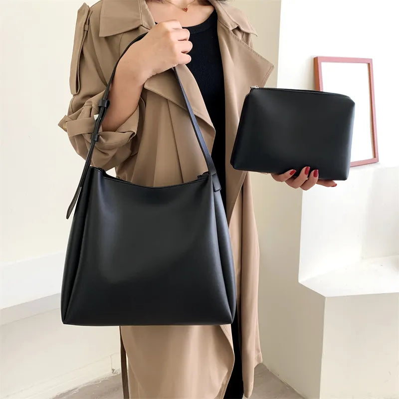 Cyflymder Quality Women Tote Bags 2 Pcs/Set Large Capacity Shopper Shoulder Bag Pure Color Wide Strap Soft PU Leather Female Handbags